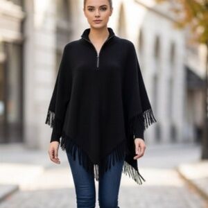 Sweater Stories / Chic High-Neck Fringed Fine Wool Handkerchief Style Poncho